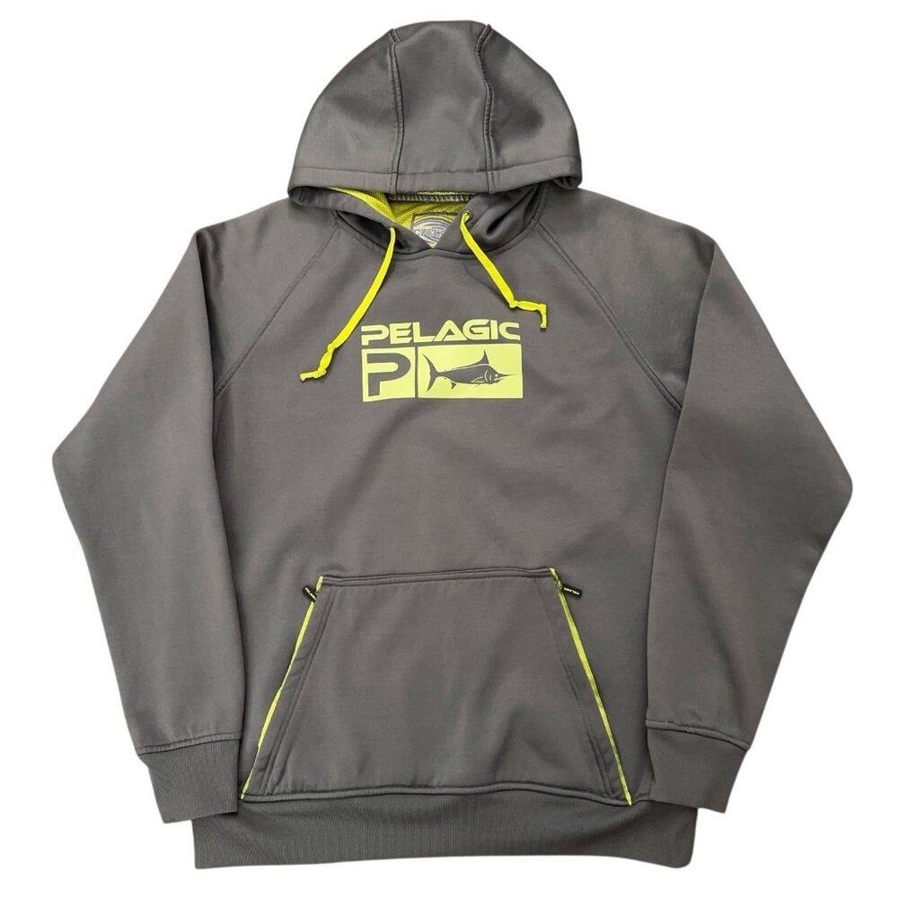 Pelagic Cyclone Hoodie Mens Size M Pullover Sweatshirt Zip Pocket Fishing Gray